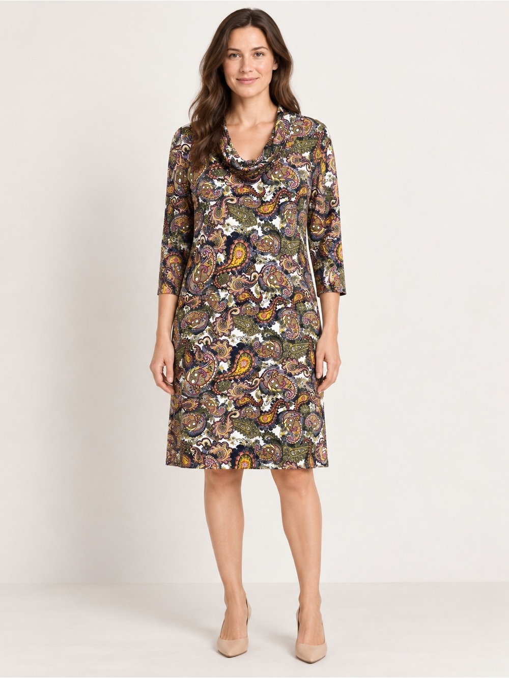 Lulu-B Paisley Cowl Neck Dress Size M 3/4 Sleeve Colorful Stretch Knee Length